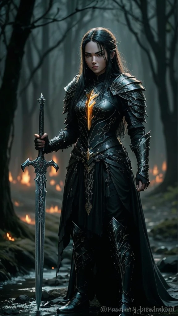 A black warrior with long black hair and black eyes. She wears black and gold armor and wields a sword with a red gemstone embedded in the hilt.