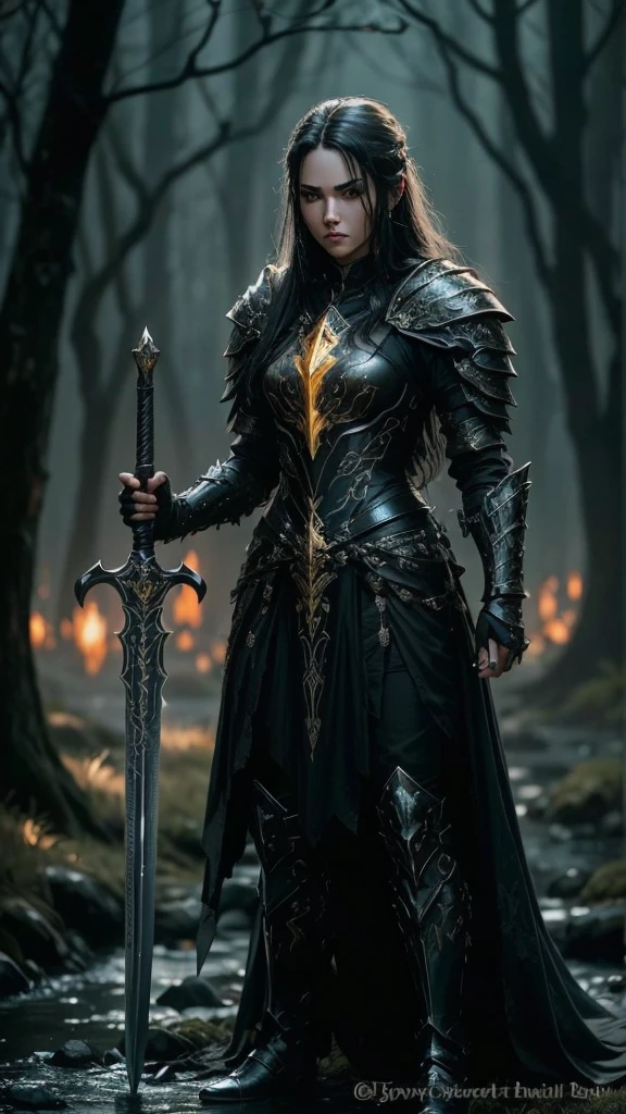 A black warrior with long black hair and black eyes. She wears black and gold armor and wields a sword with a red gemstone embedded in the hilt.
