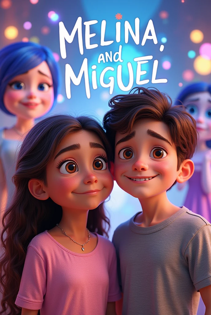 a 5-year-old Brazilian girl, Light brown eyes, very long hair to the waist, slightly wavy light brown, white skin and a teenager, 13 year old, skin fair, light brown hair, wearing dental braces, eyes browns, with text "MELINA AND MIGUEL ", with the background featuring the characters from the movie Inside Out 2, Pixar-style birthday invitation