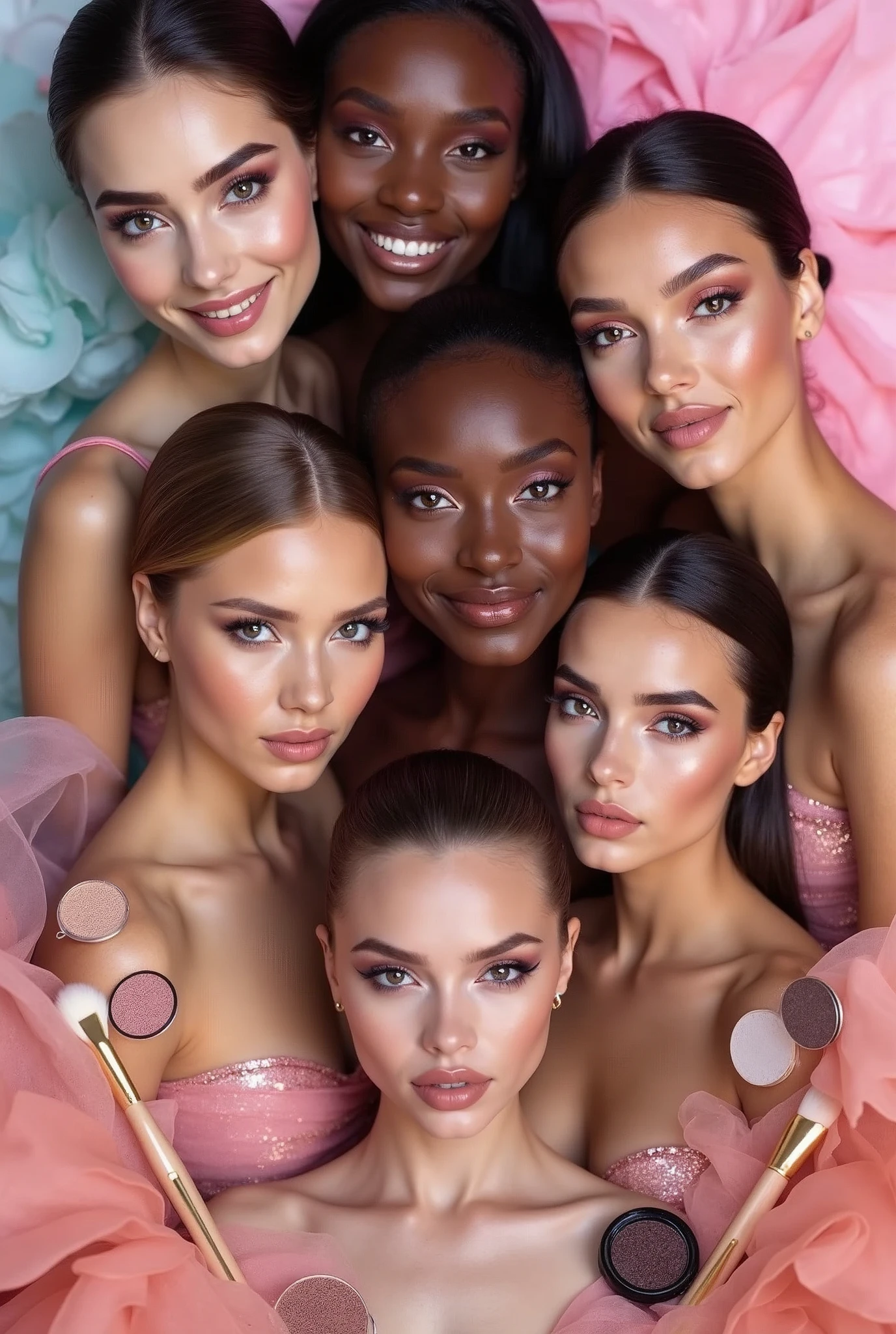 Create an image featuring three or four diverse faces of different ethnicities, each showcasing makeup designs that strike a balance between social elegance and creative flair. The makeup should be sophisticated with a touch of creativity, using a mix of soft, neutral tones like nude and pink, enhanced by subtle pops of color or artistic elements such as a soft shimmer, a bold eyeliner, or a delicate pattern. The background should be a blend of soft and dynamic colors, like pastel hues with hints of brighter tones, creating a harmonious yet vibrant atmosphere. Surround the faces with makeup tools like brushes and palettes, arranged in a way that emphasizes both creativity and professionalism. Focus entirely on the visual elements, without any text.