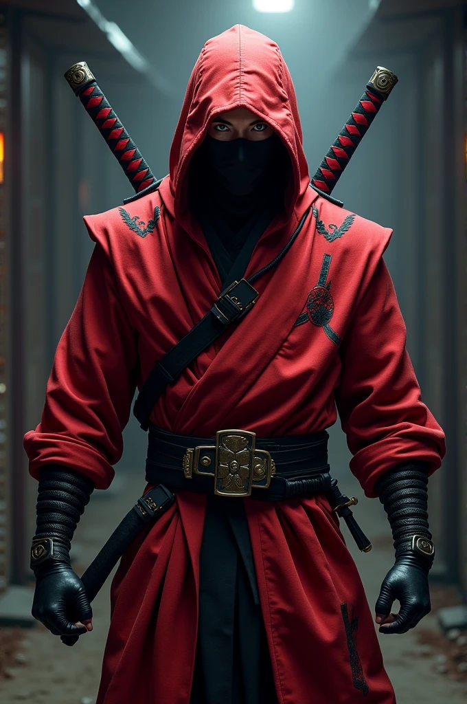 Ninja with red and black suit wearing a belt with two katanas on his back he has black patches around his eyes