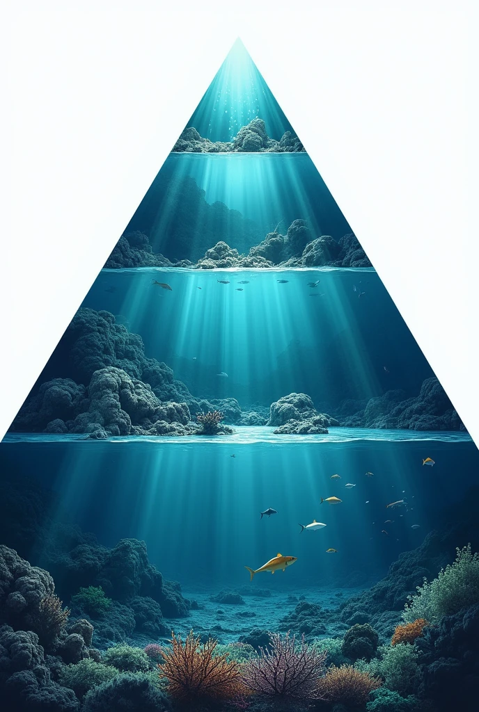 Create a square, realistic image of a trophic pyramid for a scientific poster. The pyramid should be divided into four levels by lines. Inside the pyramid, use a gradient of ocean blue colors: darker blue at the top and gradually lighter blue toward the base. At the base, include realistic images of algae and plankton. Ensure the interior of the pyramid is detailed and realistic, reflecting the colors and textures of the ocean. The exterior of the image should be a clean, transparent PNG format..
