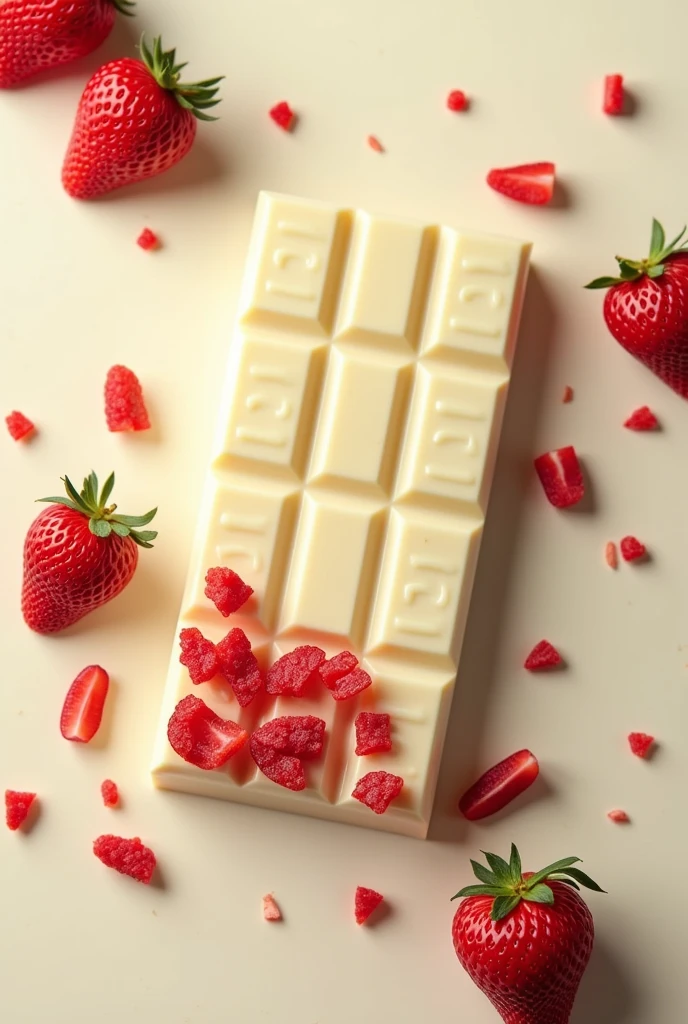 Create a white chocolate packaging with crunchy red fruit pieces 