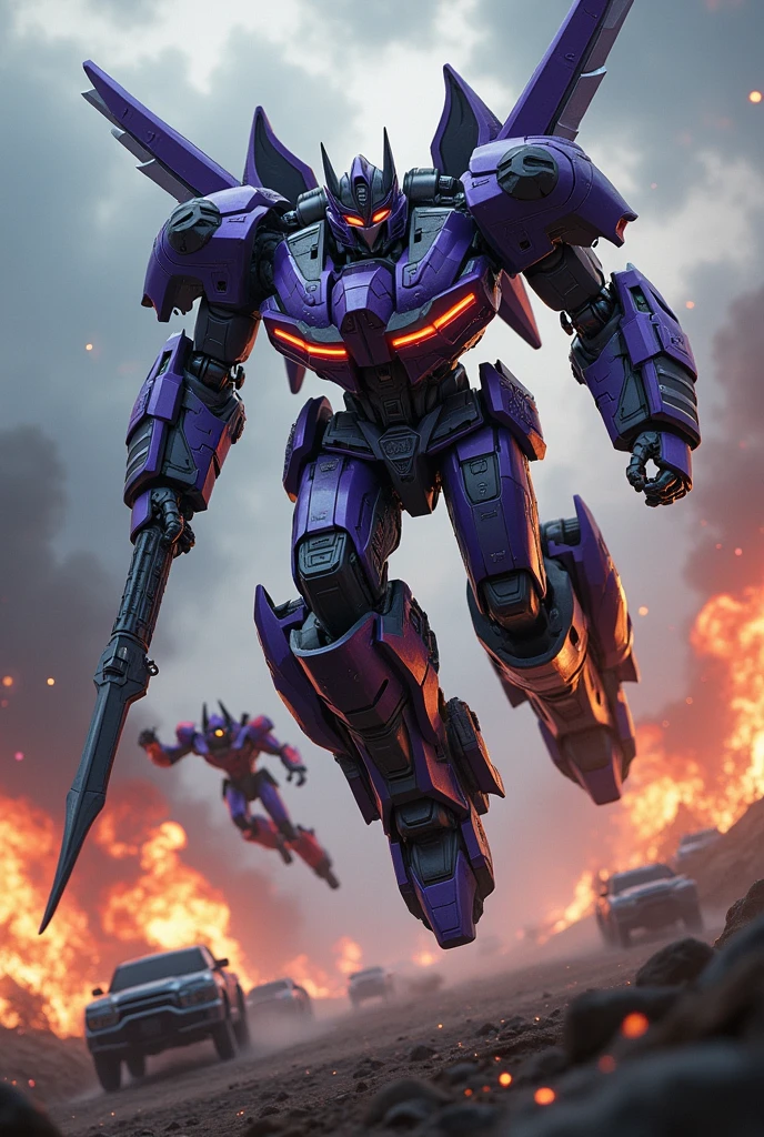 nicrn. galvatron. megatron dark purple armor. Medival concept. hotrod . Iron man Samurai Optimus Prime, robot warrior, leaping against dark cloudy sky, intense battle background,hulk buster dynamic explosion effectnicrn. galvatron. megatron dark purple armor. Medival concept. hotrod . Iron man Samurai Optimus Prime, robot warrior, leaping against dark cloudy sky, intense battle background,hulk buster dynamic explosion effect
