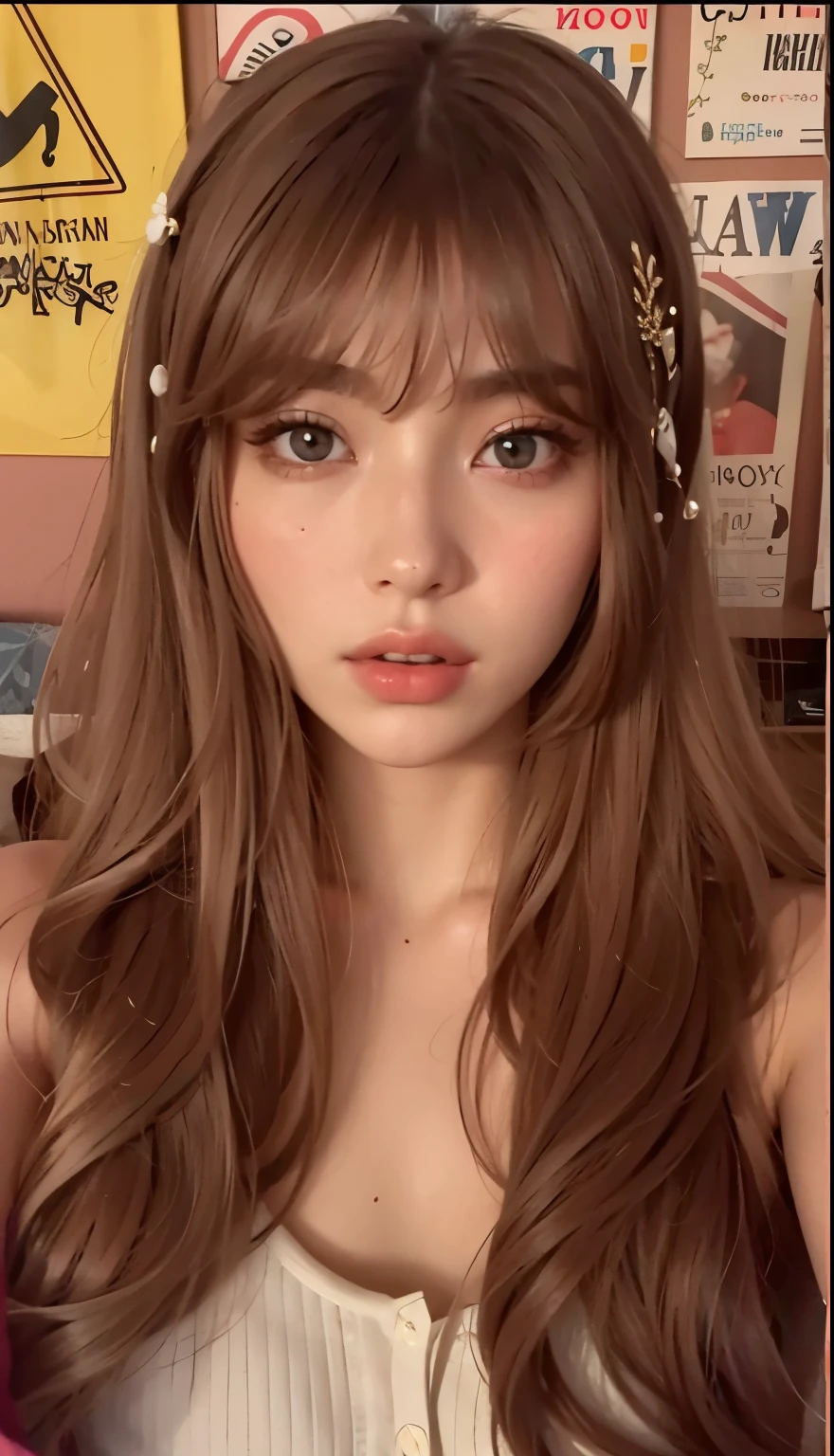 A close-up of a woman with olhos puxados on her head, Retrato Sophie Mudd, Anna Nikolanova aka Newmilky, pokimane,  from ear, 18-years old, Delphine bonita, yelena belova, angelina stroganova, brunette with dyed blonde hair, 🤤 portrait of , 2 4 years old female model, julia gorokhova, instagram model, asiática, korean, Asian, pretty face,