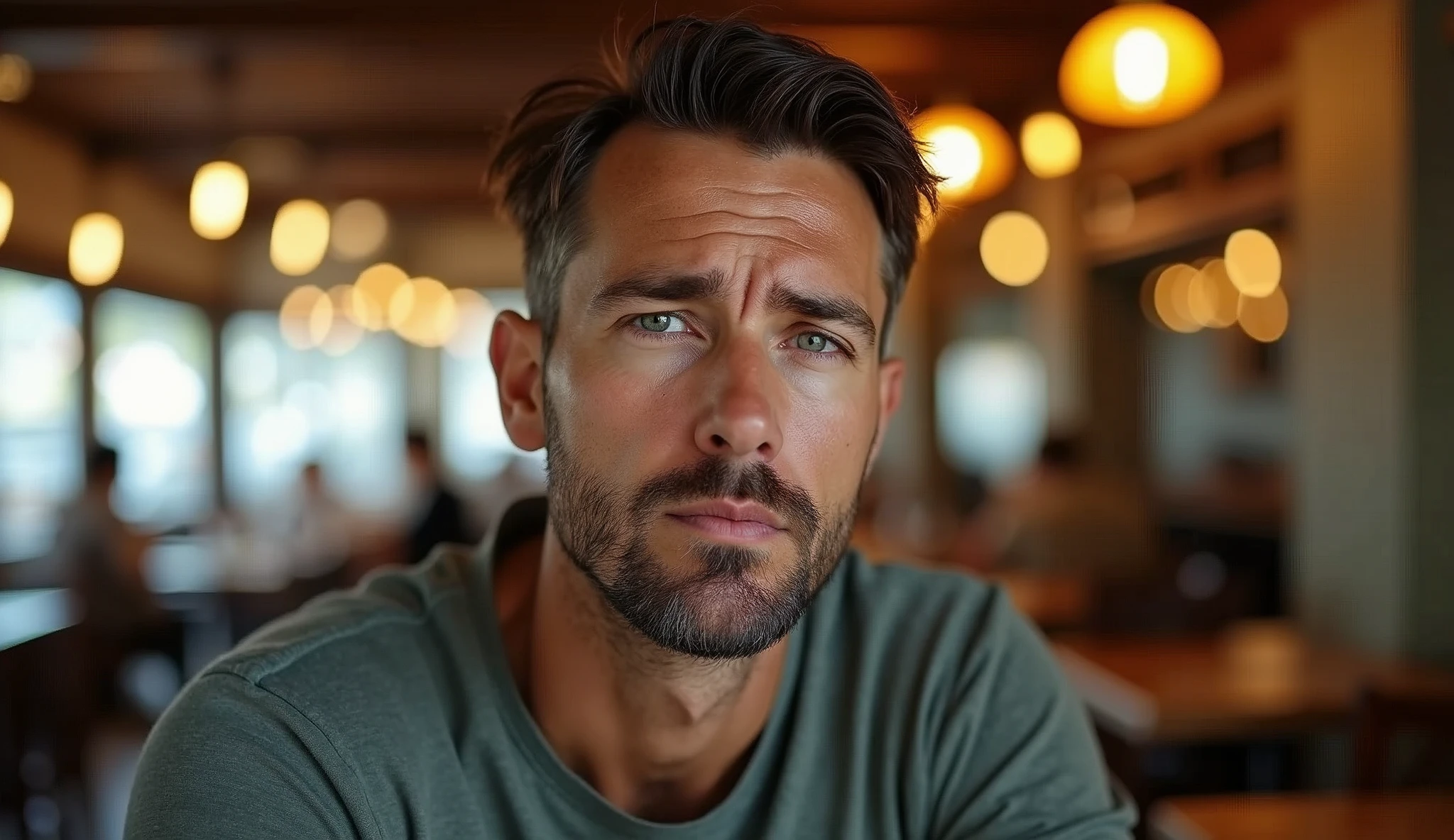 Create a real professional photo of a man in an indoor setting, suggesting a restaurant. The man should be slightly to the right of center, looking directly at the camera with a worried, serious expression. He should have short, slightly wavy dark brown hair and a thin beard evenly distributed across his face. The lighting should be soft and from the left (from the viewer's point of view), evenly illuminating the man's face and creating subtle shadows on the right. The background should be a restaurant with blurred elements, including tables, chairs, bokeh pendant lights and some blurred people in the background to add depth to the image. Use a natural and warm color palette, with wood tones and soft lighting, creating a warm and vibrant atmosphere. The image should be of high resolution and professional photographic quality, with attention to detail and realism.