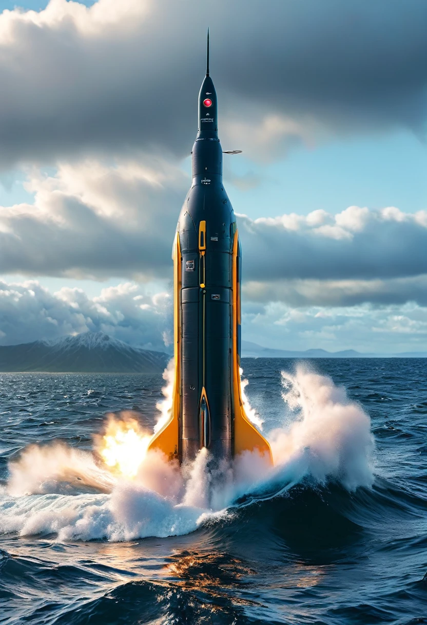 A highly detailed, photorealistic illustration of the UGM-133 intercontinental ballistic missile for submarines, or SLBM, with extreme precision, ultra-fine details, and vivid colors, in a dramatic, high-contrast lighting setup, showcasing the technical complexity and power of the weapon system.