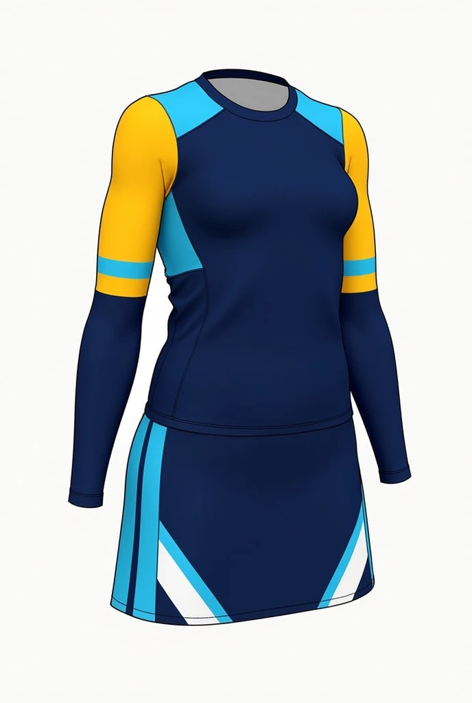 cheerleader uniform, colors: Navy blue, light blue, yellow and white
top: Navy blue con mangas largas desmontables con raya light blue, the top is round neck, con una raya superior light blue. White at the bottom of the top to print the logo, y en la parte final inferior terminación con raya light blue y Navy blue
falda: pegada en forma de V en la parte superior de color light blue, el resto de la falda es Navy blue