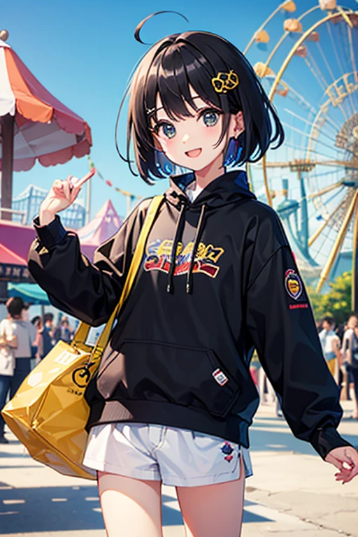 Highest quality、Black Hair、Iris、short hair、、cute、、、Small hair ornament、1 person、amusement park、Date、Boyish clothing、A happy look、