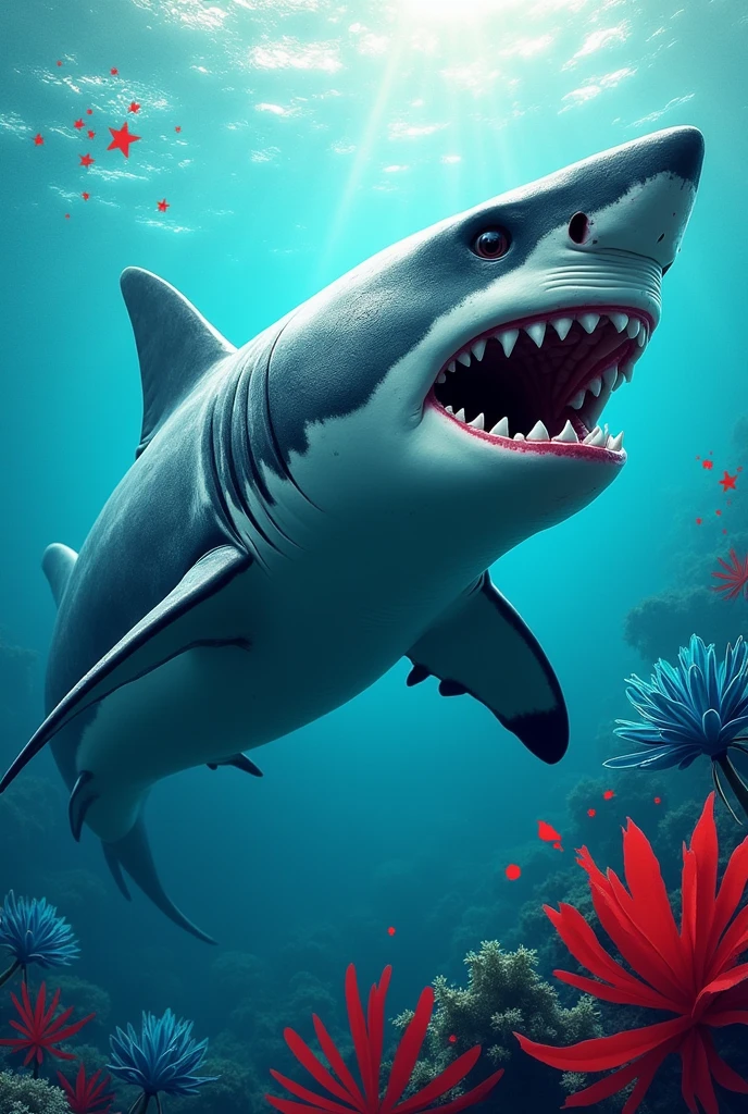A great white shark as the Olympic mascot representing the Cook Islands, as if it were a predator, with details in blue and red 