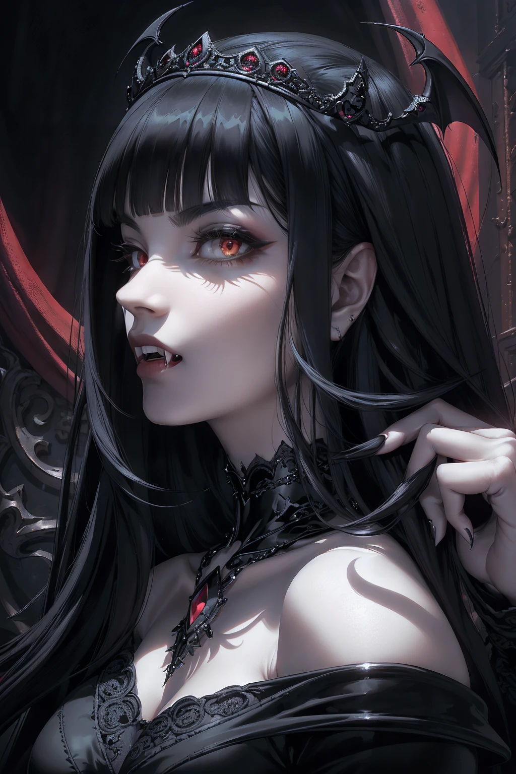 REALISTIC VISION 1.4, BETTER VAE,sharp focus, ultra detail, 32k,realistic photo, intricate details, absurdres, ((stunning female Vampire))), goth Renaissance, (long black hair:1.erfect and detailed angular sharp oval shaped face, ((redeyes)), jewelry, red and black tetradic colors, (bangs), full lips, black lipstick, gothic castle background, (solo), perfect anatomy, approaching perfection, ethereal, intricate details, ultra-high definition, 12k resolution, goth aesthetic, smooth, sharp focus, dreamy, glowing, backlit, glamour, glimmer, fantastical, shadows, smooth, Gothic crown,