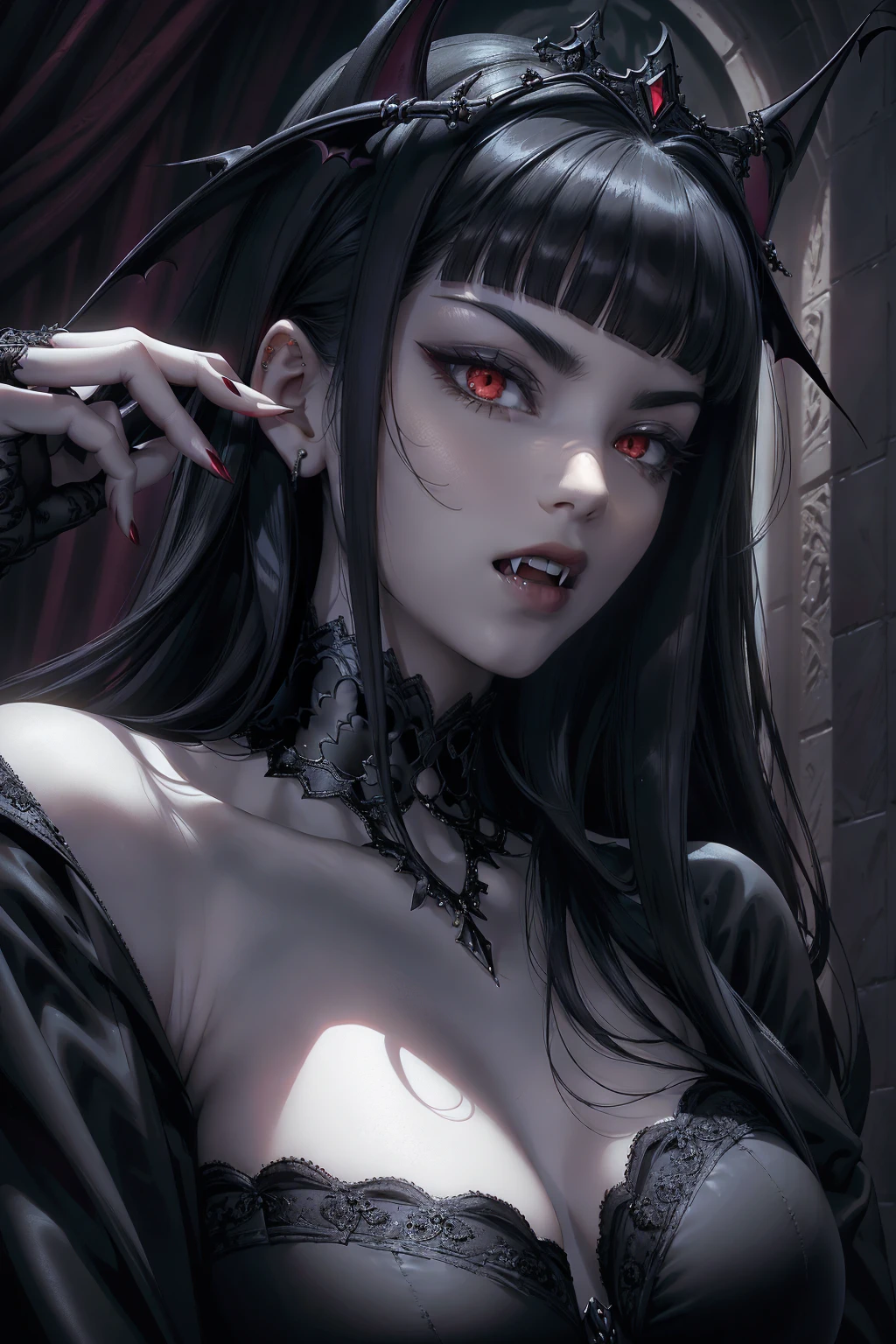 REALISTIC VISION 1.4, BETTER VAE,sharp focus, ultra detail, 32k,realistic photo, intricate details, absurdres, ((stunning female Vampire))), goth Renaissance, (long black hair:1.erfect and detailed angular sharp oval shaped face, ((redeyes)), jewelry, red and black tetradic colors, (bangs), full lips, black lipstick, gothic castle background, (solo), perfect anatomy, approaching perfection, ethereal, intricate details, ultra-high definition, 12k resolution, goth aesthetic, smooth, sharp focus, dreamy, glowing, backlit, glamour, glimmer, fantastical, shadows, smooth, Gothic crown,