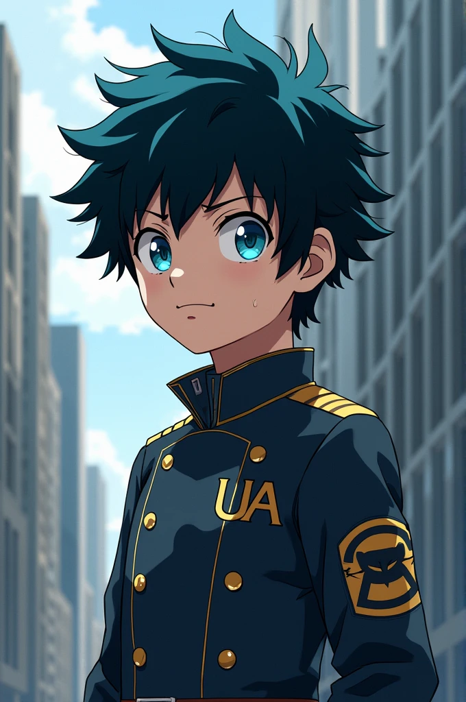 A boy in the style of My Hero Academia.
With sky blue eyes , who has black hair with a blue streak, whose hair isn't too long and is a bit messy, who has a serious expression but is quite cute and is wearing the UA uniform