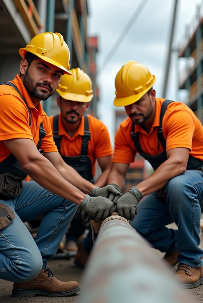 (photorealism:1.2), four Mexican men, 27 years old, repairing pipes, plumbers orange shirt, jeans, in the background construction, with load belt, yellow safety helmet, black cargo belt, harness, (ass point of view)