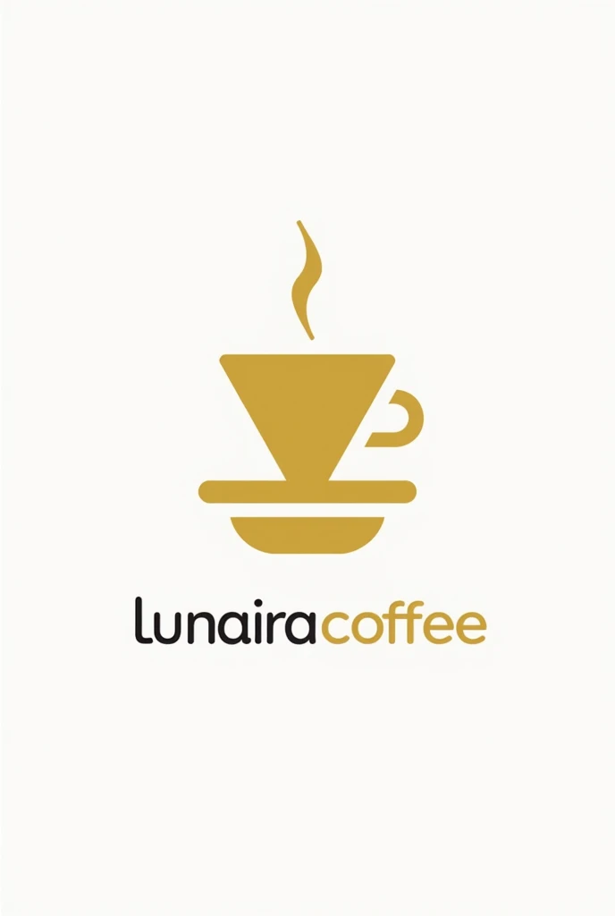 filter coffee flat bottom, dripper, steam, logo, dripper,  only dripper, coffee shop logo, yellow outline only, logo, coffee shop logo, white background, with text "( lunaira coffee )"