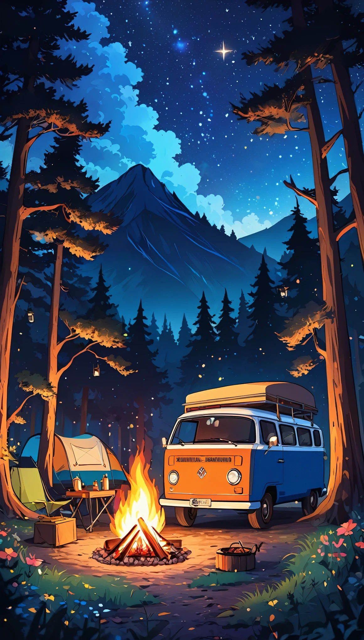 Draw a lofi anime poster style scene of dark blue van in the forest, fairy decoration, camp fire, BBQ, starry night, moutain background , forest, natta, beautiful color palette, vibrant saturated colors, work of art, cinematic cloudy sky, no human, dark night theme