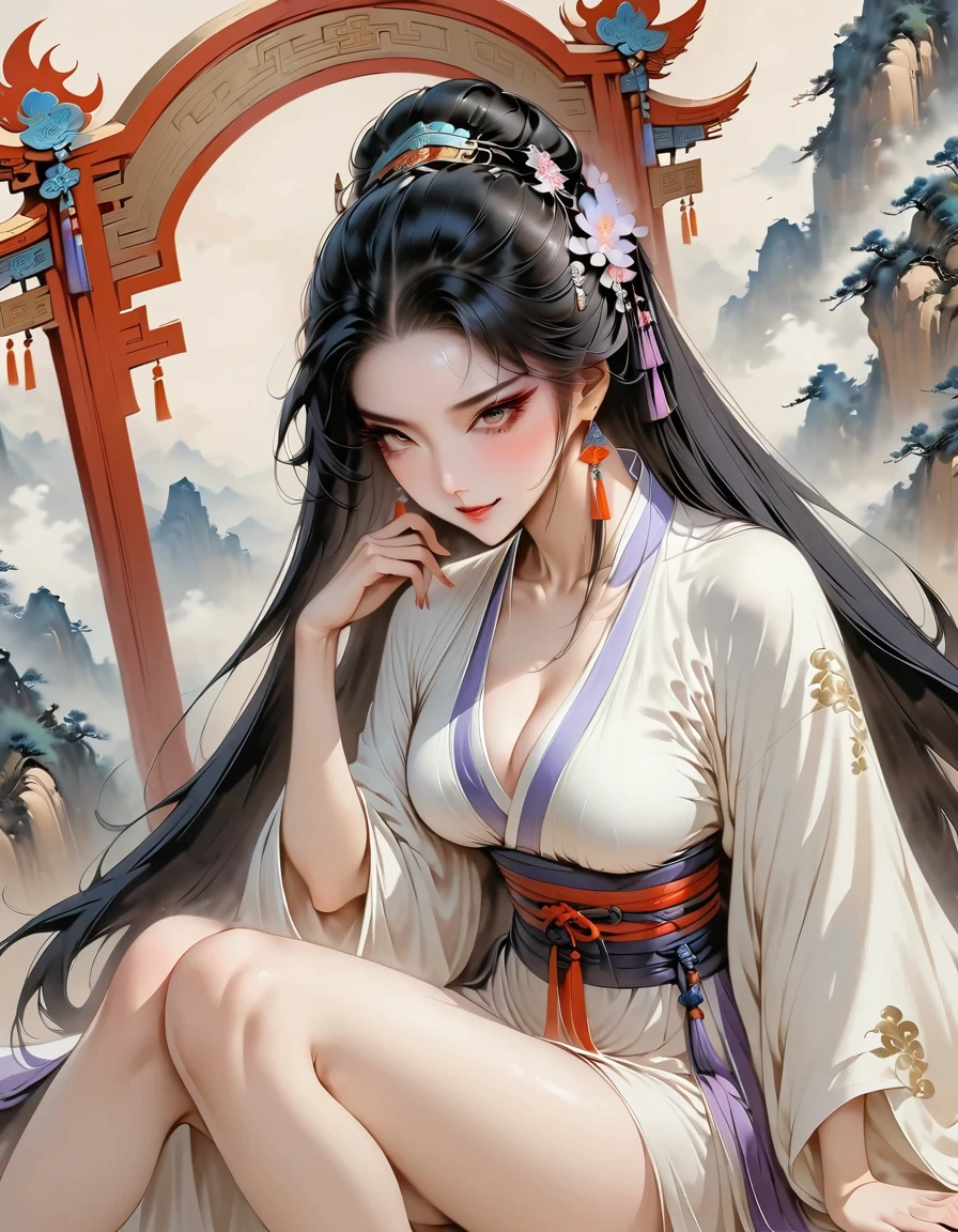(Masterpiece, best quality:1.2), 1 girl, Hanfu Purple, (Dress conservatively:1.3), Delicate and beautiful face, mature, evil smile, long black hair, golden eyes, Sit on the throne., Long legs, Slender legs, (Slender legsยาว:1.2), Barefoot, (Ink stains) beautiful figure painting, Clothing ink style, traditional Chinese painting, Bismuth squid, from above, Masterpiece, Highly detailed
