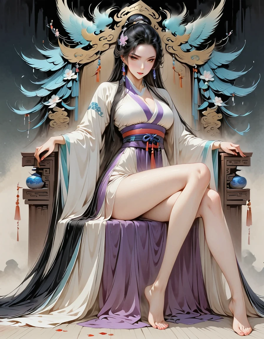 (Masterpiece, best quality:1.2), 1 girl, Hanfu Purple, (Dress conservatively:1.3), Delicate and beautiful face, mature, evil smile, long black hair, golden eyes, Sit on the throne., Long legs, Slender legs, (Slender legsยาว:1.2), Barefoot, (Ink stains) beautiful figure painting, Clothing ink style, traditional Chinese painting, Bismuth squid, from above, Masterpiece, Highly detailed