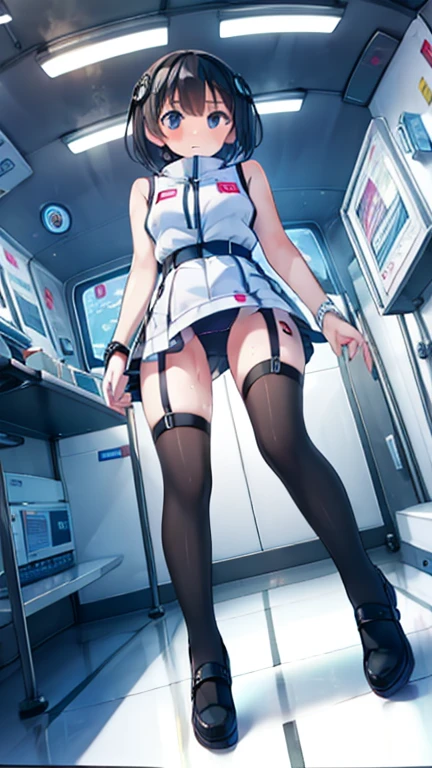 (Highest quality), (masterpiece), 1080P, High resolution, 4K, 8k, Inside the space station、Futuristic room、Thigh straps, Shooting from directly below, The woman on top of me, 白いSweat, Covered , Sweat, Woman looking down, Skirt swimsuit, Thigh-high socks, To achieve this, , , whole body, Black leather shoes, Braided hair, Inner Color, Embarrassed face, Short black hair, bracelet, Bedroom,celestial body_Vest
