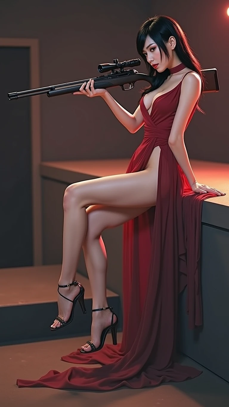 cinematic photography of skinny beautiful China sensual actress Li Bingbing cosplaying as Ada Wong of Resident Evil series. Li Bingbing realistic face. She wear a very very skimpy V-neck red dress with high-slit. Li Bingbing is also pointing a rifle on a ledge, marking herself as a high-skilled sniper. Her pose while pointing a rifle is very dashing and sensual, with lifting one leg on top of the ledge to reveal her crotch and vulva, and her skimpy dress revealing her enormous breast. Cyberpunk art by John La Gatta. Trending on cgsociety. Digital art. Sexy elegant cinematic pose. cgsociety masterpiece. Stunning cgsociety. Ultra sexy pose. cgsociety - w 1 0 2 4 - n 8 - i, red and cinematic lighting, cgsociety )