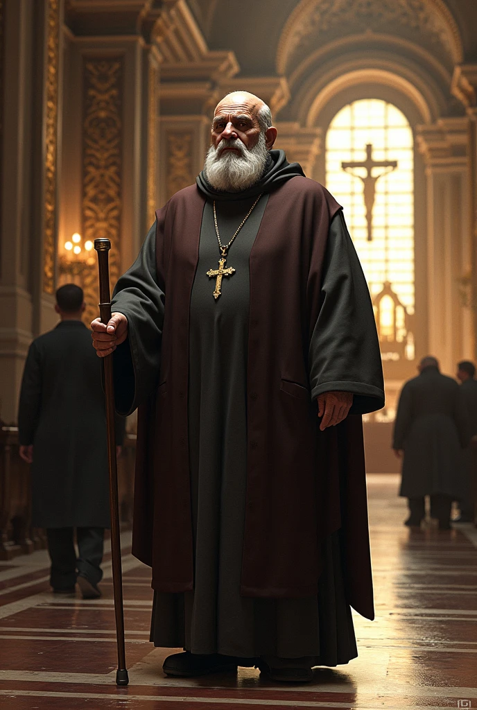 (photorealism:1.2), old man, big, priest, roman church, monk, blindhold, blind man's cane