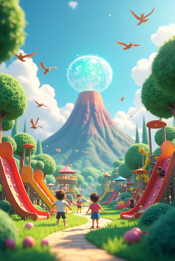 Create 3d drawing image playground with trees and sun with volcano and birds and magic