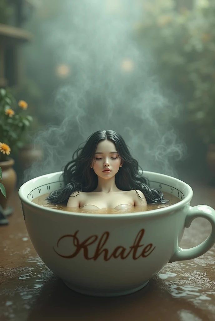 woman with long black hair bathing on the coffee cup named khate