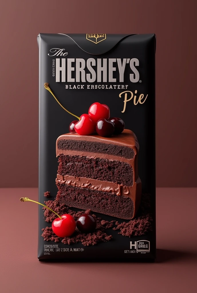 Com base na barra de chocolate Hershey's ao leite, create packaging in the same format as the packaging for this product, but with a black forest pie.