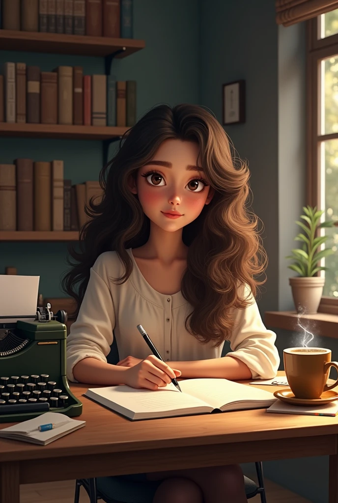 Draw ka writer with curly long dark brown hair and brown eyes
 