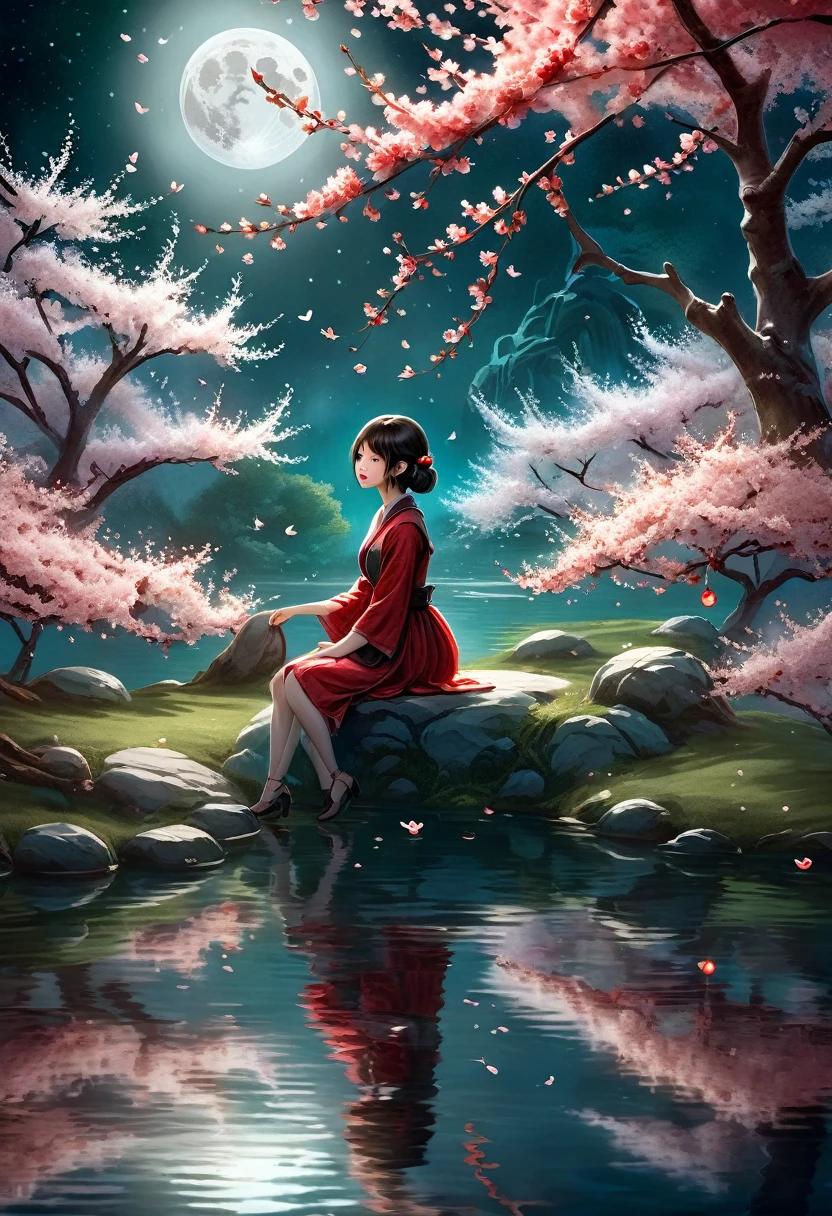 A picturesque scene of a girl enjoying a lovely moment by a pond, surrounded by cherry blossoms under a light red moon, set against a vibrant red background, in the style of fantasy realism, soft and dreamlike atmosphere, delicate blossoms gently falling, the moon casting a warm glow over the scene, intricate details in the reflections on the pond, ethereal lighting, and ultra-realistic textures, UHD quality —ar 2:3 —v 5.1.