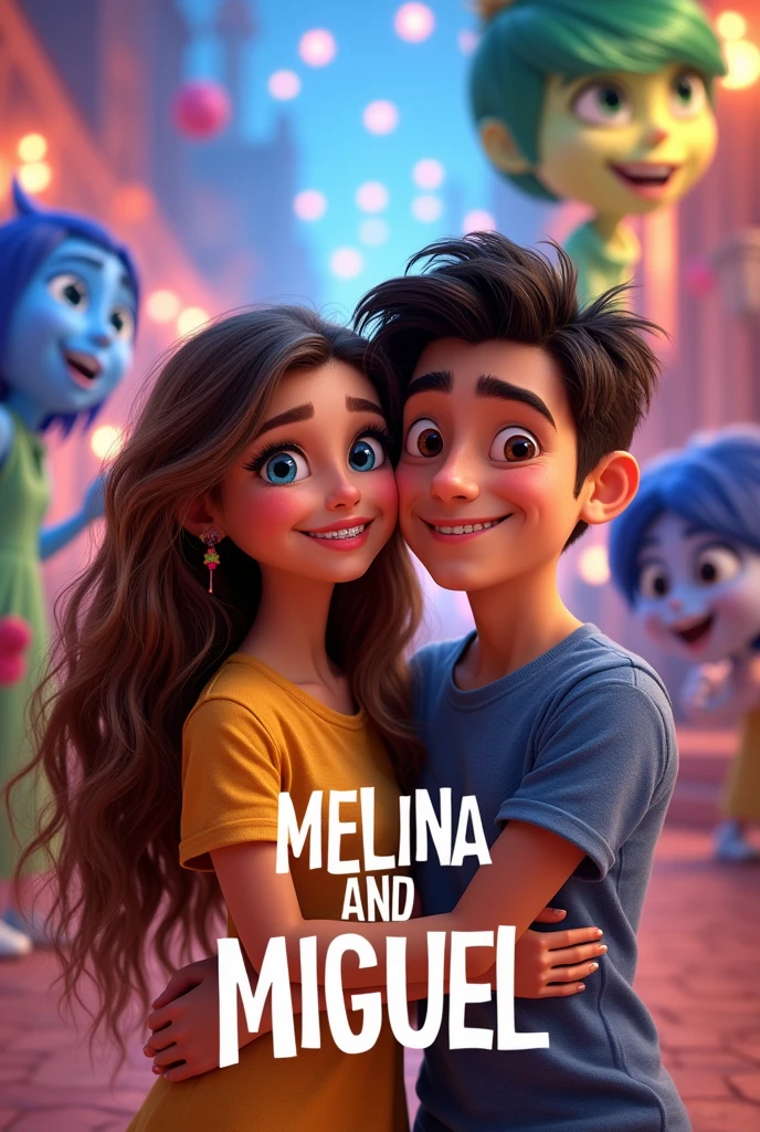 A Brazilian woman, honey-colored eyes, very long hair to the waist, slightly wavy light brown, white skin and a teenager, skin fair, light brown hair, wearing dental braces, eyes browns, with text "MELINA AND MIGUEL ", with the background featuring the characters from the movie Inside Out 2, Pixar-style birthday invitation