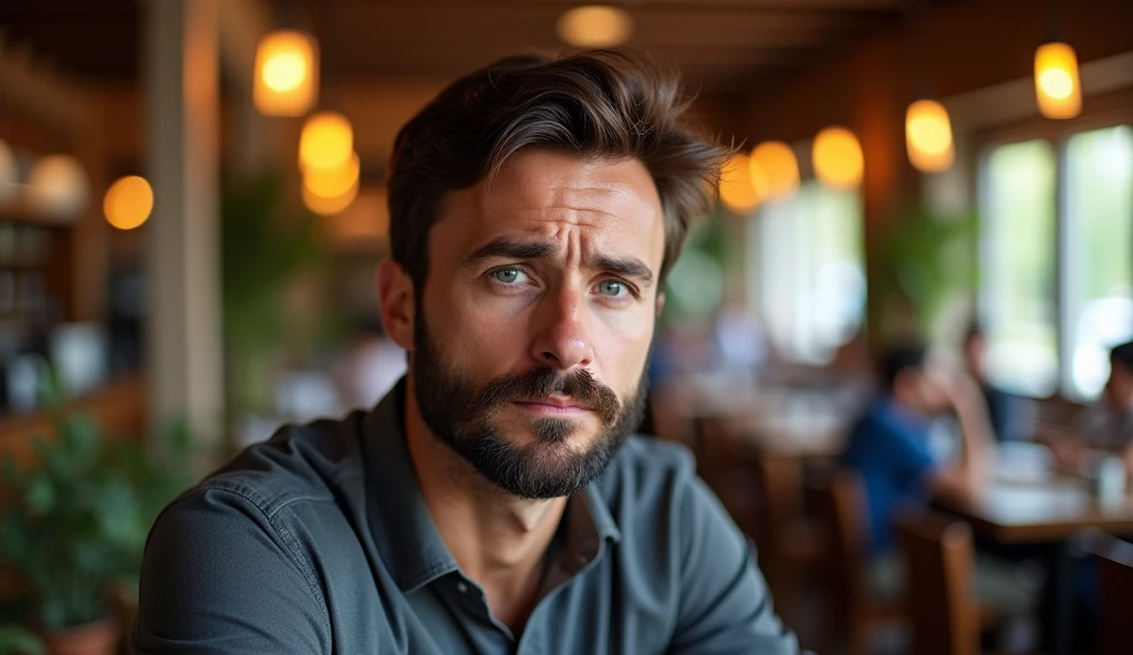 Create a real professional photo of a man in an indoor setting, suggesting a restaurant. The man should be slightly to the right of center, looking directly at the camera with a worried, serious expression. He should have short, slightly wavy dark brown hair and a thin beard evenly distributed across his face. The lighting should be soft and from the left (from the viewer's point of view), evenly illuminating the man's face and creating subtle shadows on the right. The background should be a restaurant with blurred elements, including tables, chairs, bokeh pendant lights and some blurred people in the background to add depth to the image. Use a natural and warm color palette, with wood tones and soft lighting, creating a warm and vibrant atmosphere. The image should be of high resolution and professional photographic quality, with attention to detail and realism.
