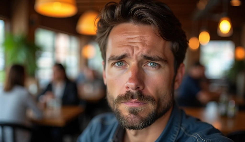 Create a real professional photo of a man in an indoor setting, suggesting a restaurant. The man should be slightly to the right of center, looking directly at the camera with a worried, serious expression. He should have short, slightly wavy dark brown hair and a thin beard evenly distributed across his face. The lighting should be soft and from the left (from the viewer's point of view), evenly illuminating the man's face and creating subtle shadows on the right. The background should be a restaurant with blurred elements, including tables, chairs, bokeh pendant lights and some blurred people in the background to add depth to the image. Use a natural and warm color palette, with wood tones and soft lighting, creating a warm and vibrant atmosphere. The image should be of high resolution and professional photographic quality, with attention to detail and realism.