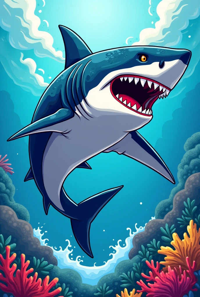 A great white shark as the Olympic mascot representing the Cook Islands, with details in blue and red