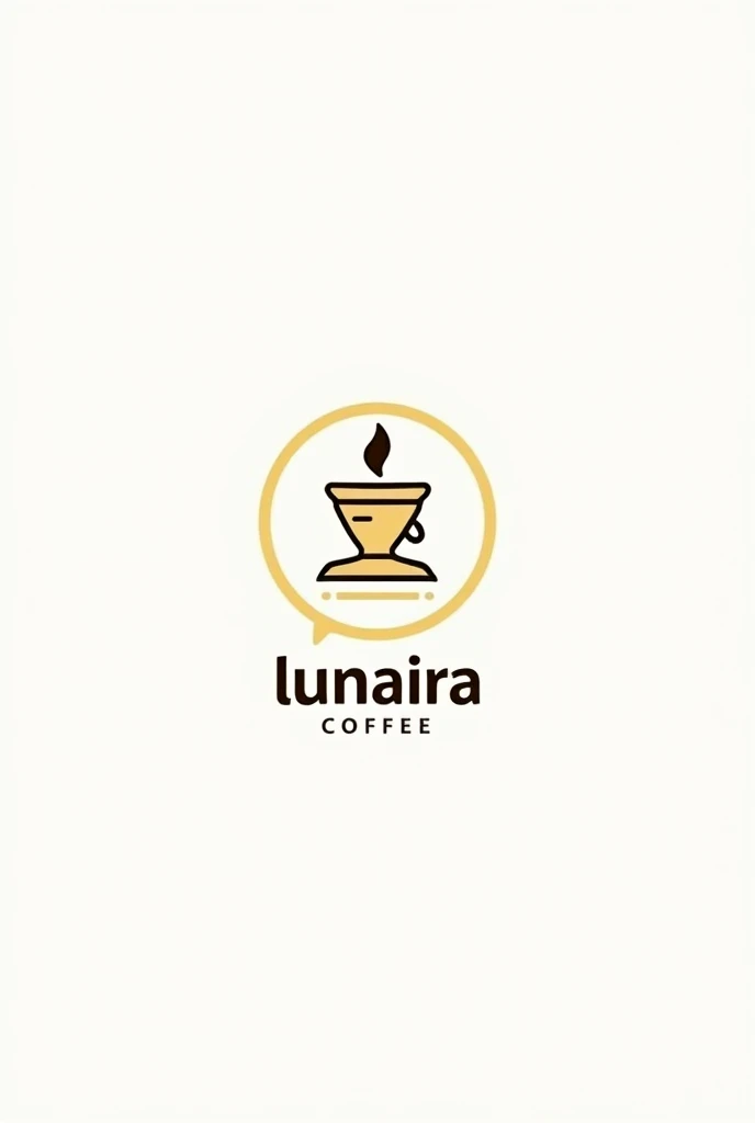 filter coffee flat bottom, dripper, steam, logo, dripper,  only dripper, coffee shop logo, yellow outline only, logo, coffee shop logo, white background, with text "( lunaira coffee )"