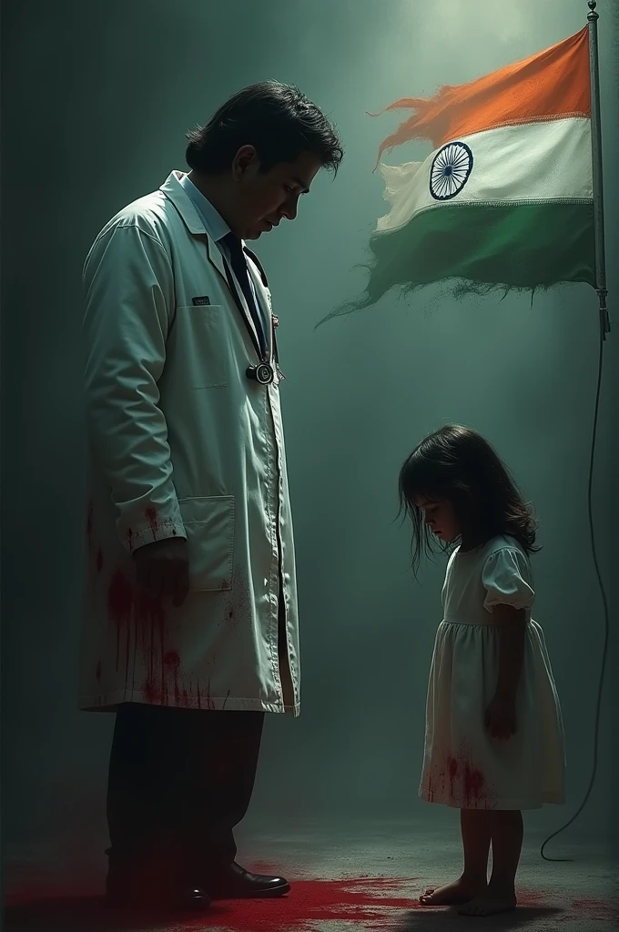 In image please include Indian flag
Doctor's coat with blood and helpless girl in dark theme