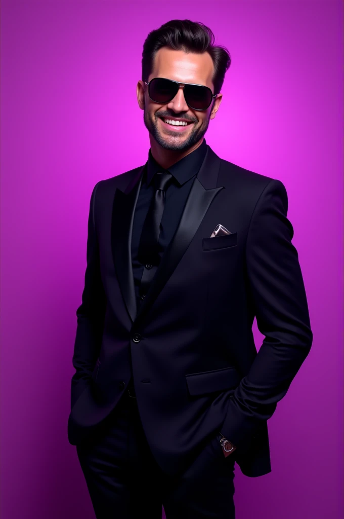Make a YouTube banner a man with black dress wire a sunglass and smiling looking at camera background colour purple light