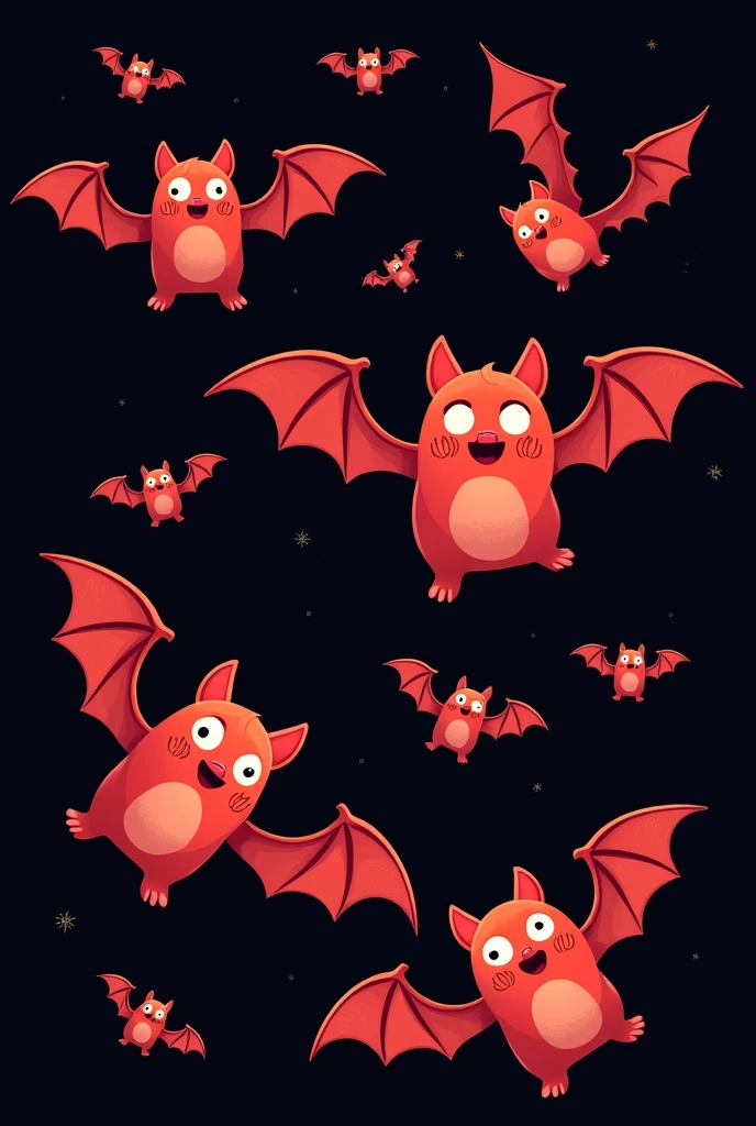 Create a black background with many small red bats in a cartoon style.
