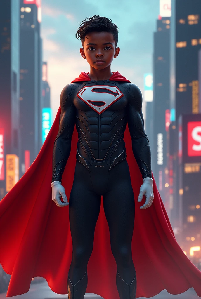 Create an image of a black boy wearing a black superhero suit with a red scarf and a white 'S' on the chest, white gloves, and white shoes. 