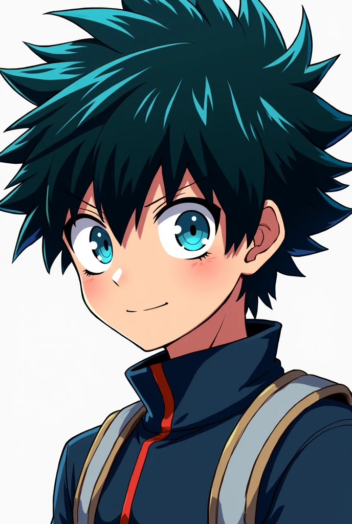 A boy in the style of My Hero Academia.
With sky blue eyes , who has black hair with a blue streak, whose hair isn't too long and is a bit messy, that he has a serious expression but is quite handsome and wears the UA uniform and is