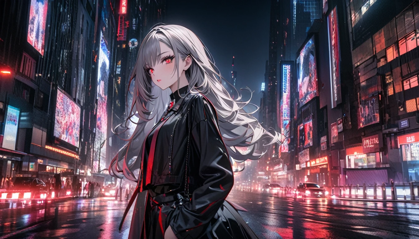 Modern city, night street, girl and her shadow, shadow is the demon in the girl's mind, tense lens, body of the photo is big city background, bright and fresh photo, beautiful abstract big city and teenage girl character in it. Gray hair color, red glowing eyes, long hairstyle, mole under left eye, black rose brooch, surreal background, seductive style, dancing with silhouette partner