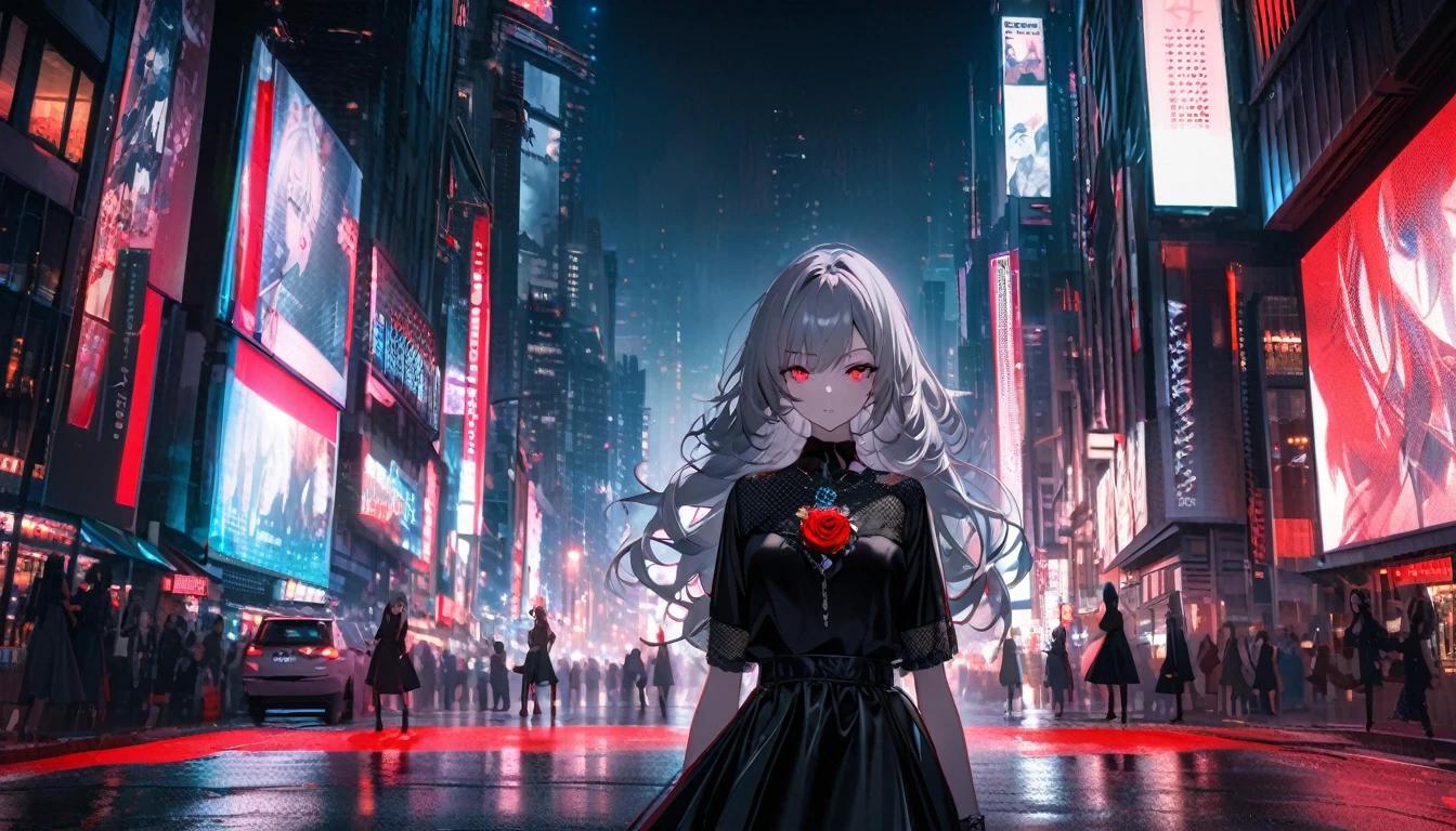 Modern city, night street, girl and her shadow, shadow is the demon in the girl's mind, tense lens, body of the photo is big city background, bright and fresh photo, beautiful abstract big city and teenage girl character in it. Gray hair color, red glowing eyes, long hairstyle, mole under left eye, black rose brooch, surreal background, seductive style, dancing with silhouette partner