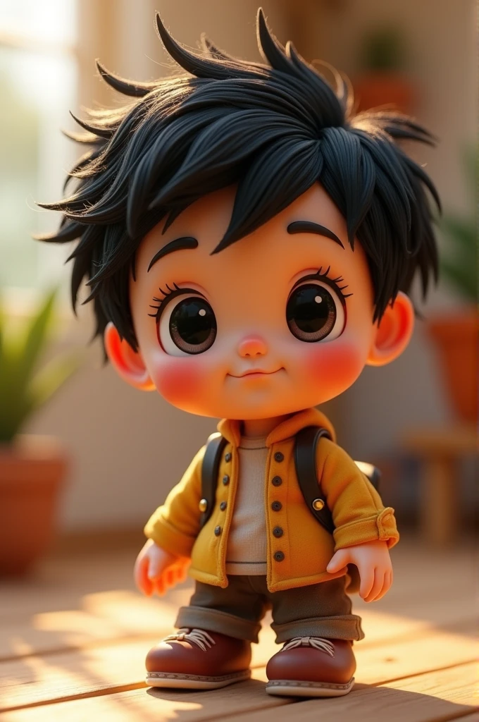 A Disney-style boy doll with black hair according to a sign that reads 'vacation'. Nao escreva vacation