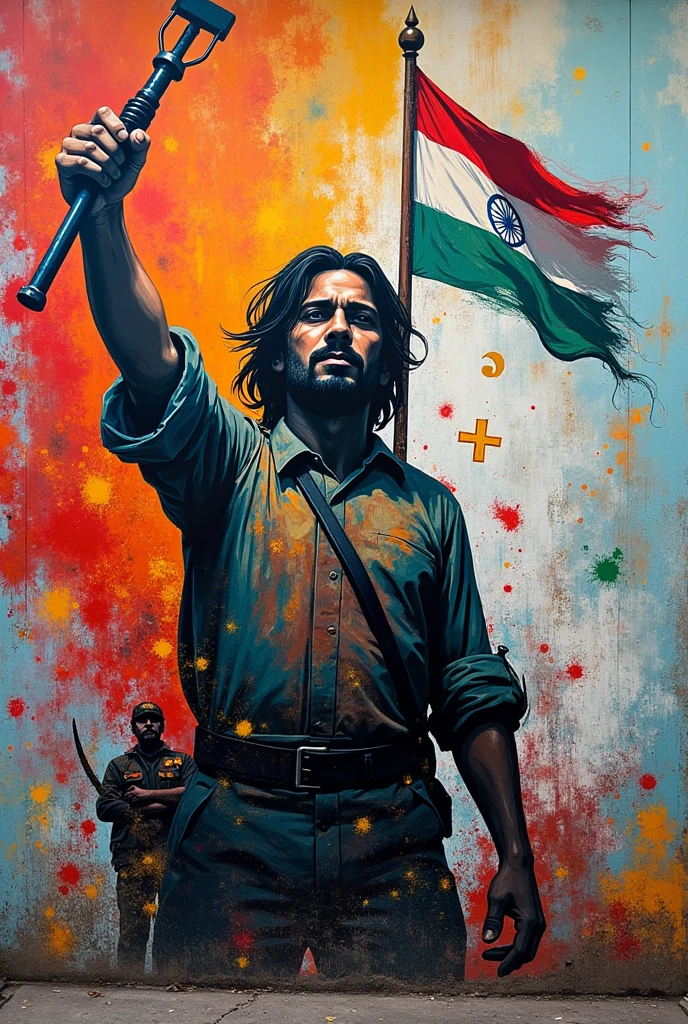 An abstract graffiti mural featuring a mathematical
equation that represents independence, The
equation uses symbols like t, -, and = to depict unity,
courage, and oppression, The backdrop includes a
flying flag and a symbolic portrait of a freedom
fighter
