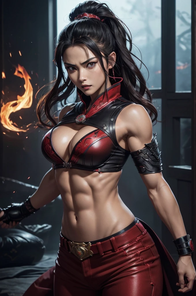 8 k,Black Light、True art、A strong and muscular woman、Super beauty(Like the real thing)、Super strong muscles,Iris、High quality、Mature single woman、Light brown mohawk、Mature demon slayer: kimetsu no yaiba: kimetsu no yaiba、Anger,Sharp eyes,非常にBreasts are very big、Glowing Iris、Slim and muscular man with ripped muscles、Slim and muscular lower body、Gorgeous big red chest armor、Luxury black and red pants、Gorgeous red shoulder pads,Detailed light、Dynamic angle、Depth of written borders、(((((())))、Show me your fangs、(Super A)High accuracy、Best picture quality)、(8 k、Raw images、Best picture quality、Masterpiece)、The feeling of technology、Best picture quality、Masterpiece、Awareness、CG、Loneliness、Wall paper、Official art,Very delicate and beautiful、Pay attention to details、Pay attention to details、Clear focus、Rich background、(Real people、picture)、((High accuracyの肌))、Big flame burning red from the body(Flame effect tone)(There are many big fires)Imagination art、Shoulder muscles abs、Arm muscles,Extremely realistic skin、Combat pose,Look at the viewers,Big energy,Japanese,Dynamic work posing,Breasts are very big,Super six-pack abs,
