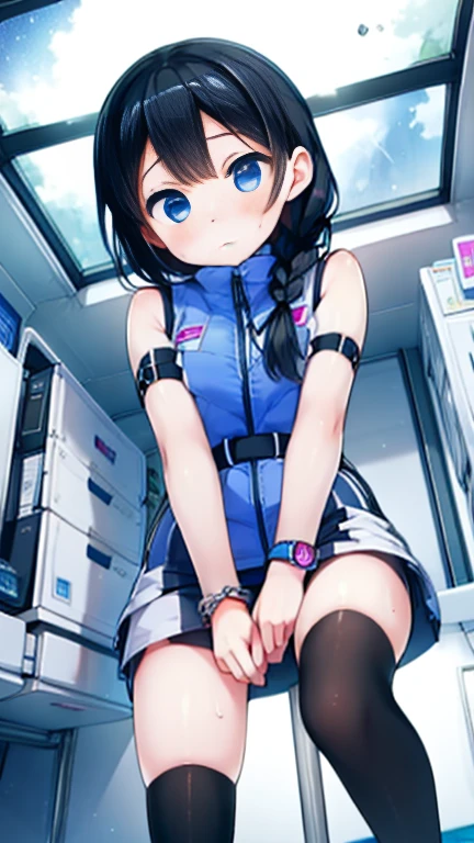 (Highest quality), (masterpiece), 1080P, High resolution, 4K, 8k, Inside the space station、Futuristic room、Thigh straps, Shooting from directly below, The woman on top of me, 白いSweat, Covered , Sweat, Woman looking down, Skirt swimsuit, Thigh-high socks, To achieve this, , , whole body, Black leather shoes, Braided hair, Inner Color, Embarrassed face, Short black hair, bracelet, Bedroom,celestial body_Vest