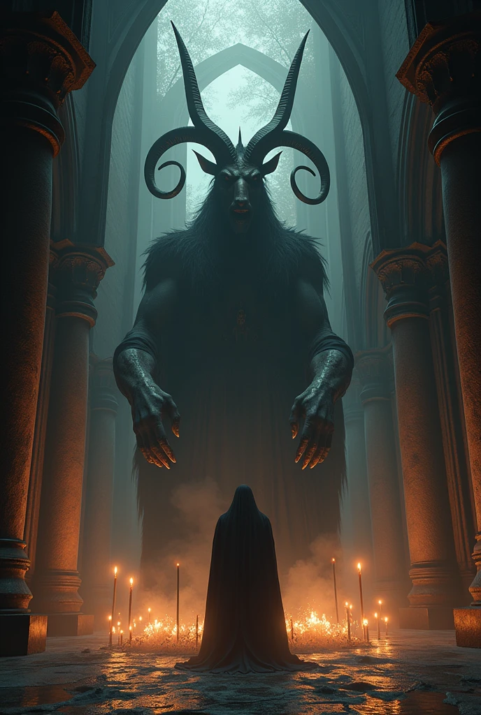 a dark demonic ritual, a dark mysterious goat-headed deity, occult symbolism, satanic imagery, dark fantasy, black magic, ominous atmosphere, dramatic chiaroscuro lighting, moody and ominous color palette, intricate gothic architecture, candles and incense, detailed horns and hooves, haunting and unsettling, (best quality,4k,8k,highres,masterpiece:1.2),ultra-detailed,(realistic,photorealistic,photo-realistic:1.37)