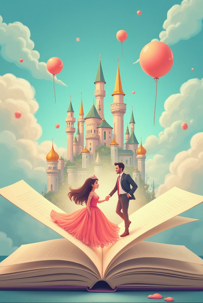 a simple image with light colors, with the drawing of an open book and images of a castle, princesselise, Spaceman, rocket and balloons coming out of the book