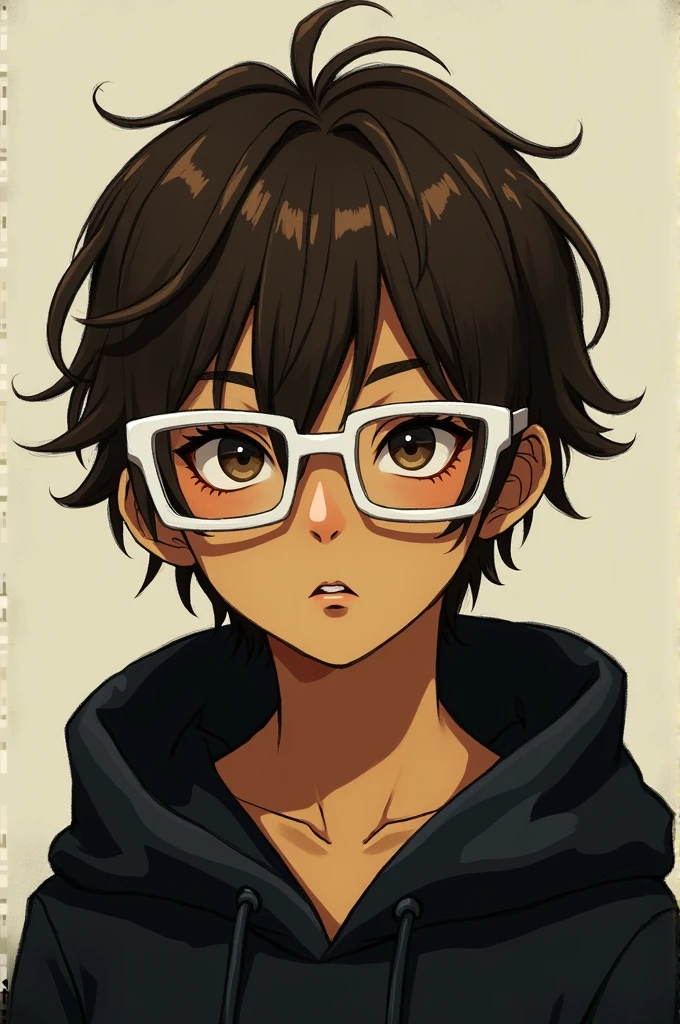(masterpiece), best quality, expressive eyes, perfect face. One Boy, Brown hair, shoulder-length long hair, white Square glasses, loser, incel, skin with a yellow tint, one boy, black hoodie, Brown eyes, guy, Rough facial features