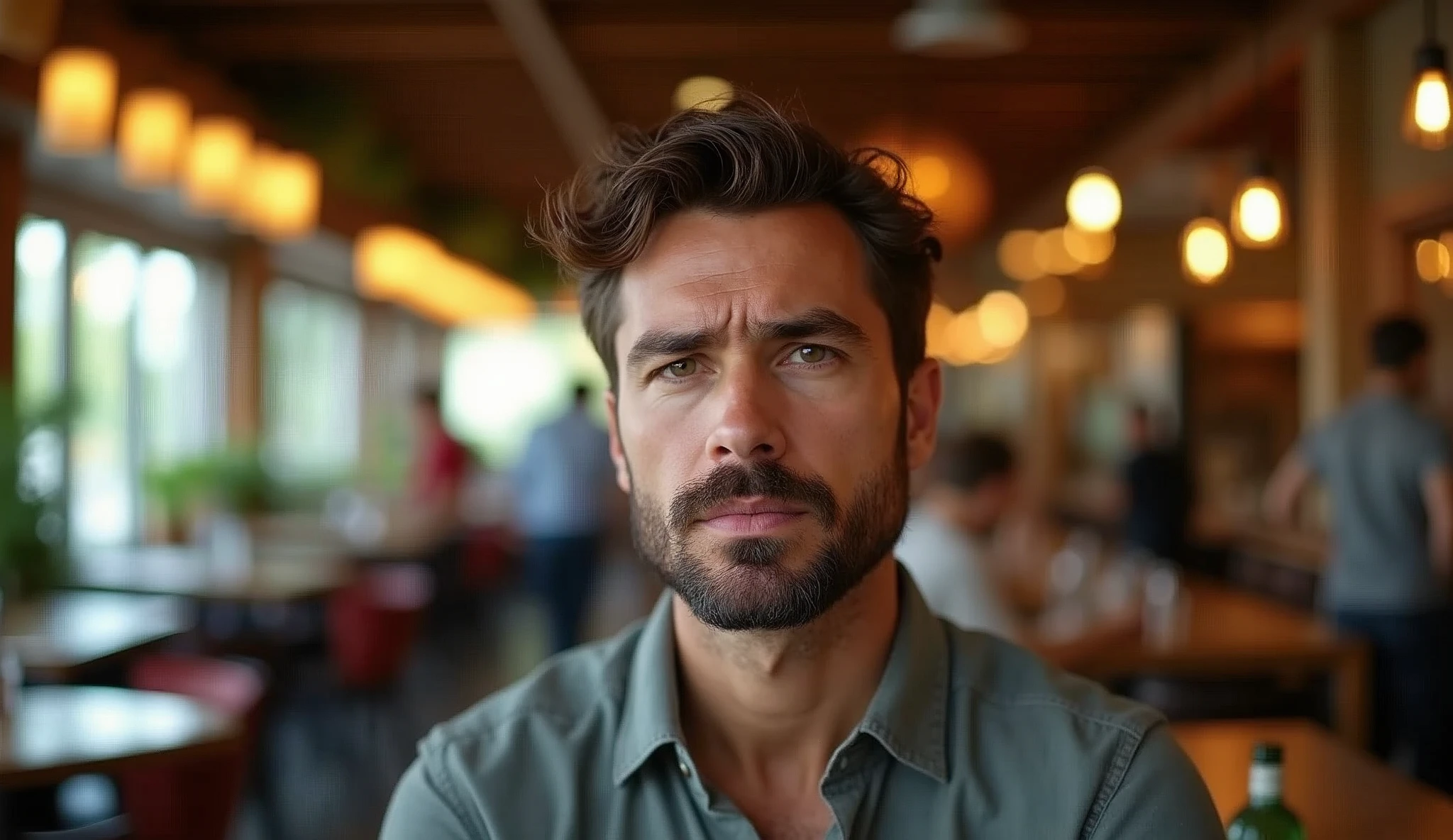 Create a real professional photo of a man in an indoor setting, suggesting a restaurant. The man should be slightly to the right of center, looking directly at the camera with a worried, serious expression. He should have short, slightly wavy dark brown hair and a thin beard evenly distributed across his face. The lighting should be soft and from the left (from the viewer's point of view), evenly illuminating the man's face and creating subtle shadows on the right. The background should be a restaurant with blurred elements, including tables, chairs, bokeh pendant lights and some blurred people in the background to add depth to the image. Use a natural and warm color palette, with wood tones and soft lighting, creating a warm and vibrant atmosphere. The image should be of high resolution and professional photographic quality, with attention to detail and realism.